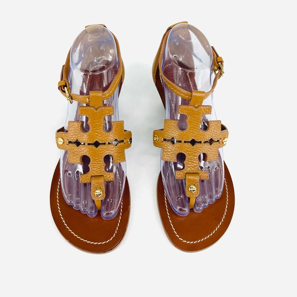 ✨New Tory Burch Tan Pebbled Leather Signature Logo T Strap Wedge Sandals 7.5